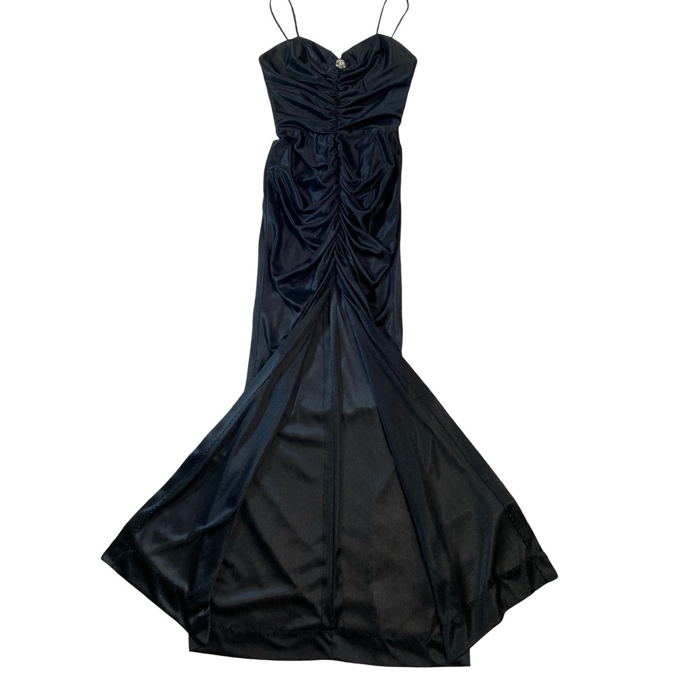 Fredericks of Hollywood Vintage Black Ruched Maxi Dress Rhinestone Brooch XS-S - Picture 11 of 15